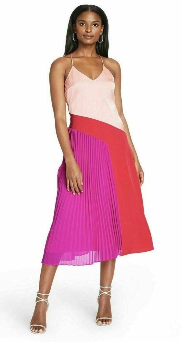 EUC CUSHNIE x Target Pink Red Pleated Slip Dress Midi Lined Sz 8 Sexy Flowy